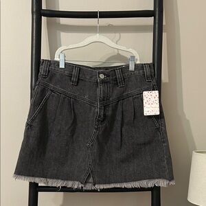 Free People Black Denim Mini Skirt with Frayed Hem